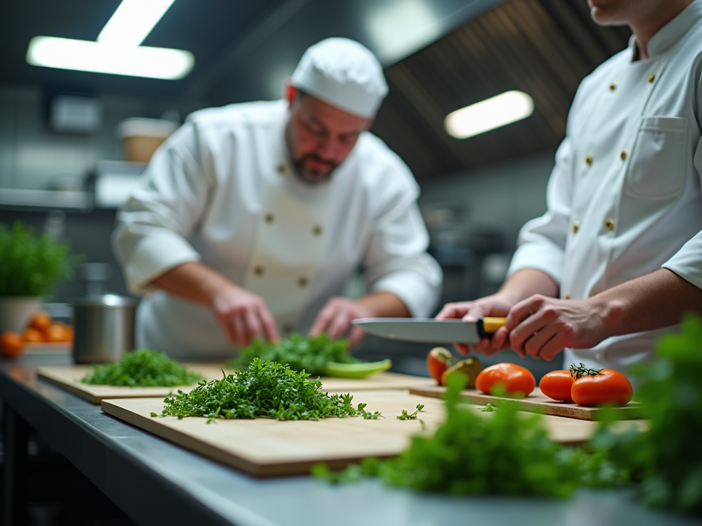 Szefowie kuchni w białych uniformach kroją świeże warzywa w restauracyjnej kuchni.