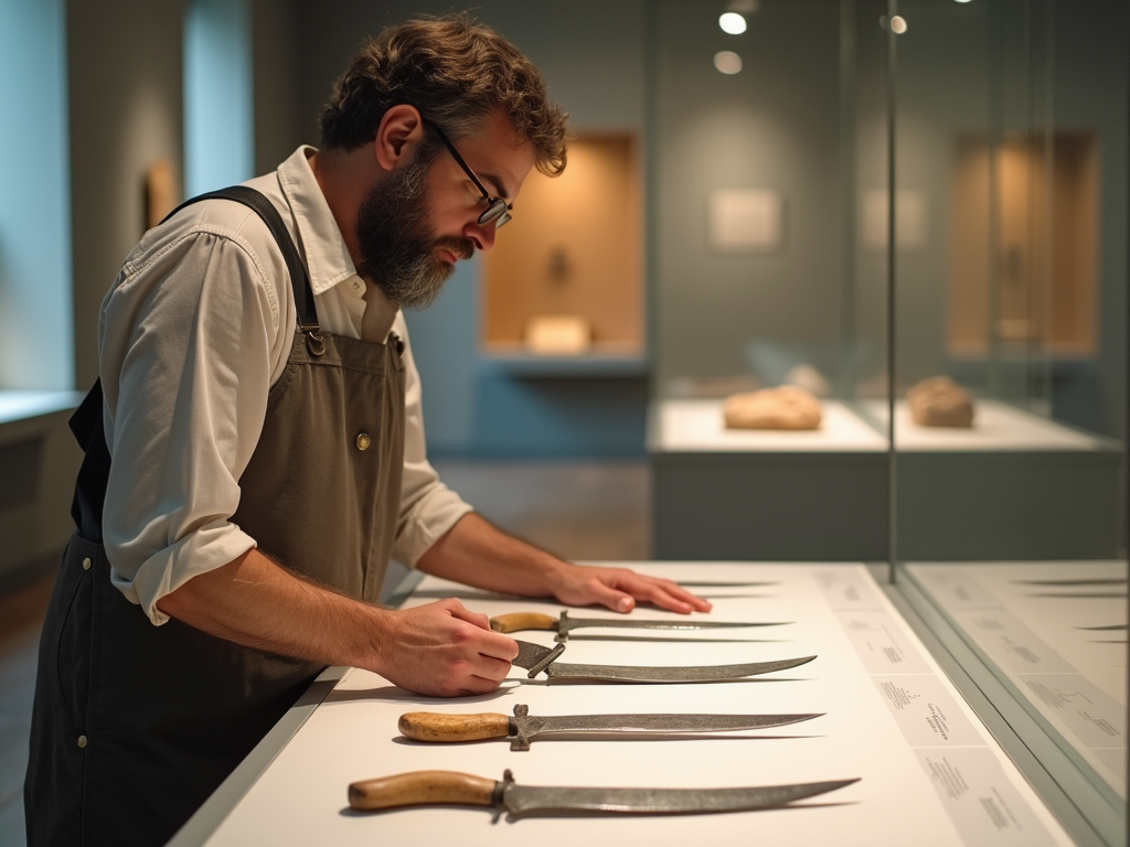 Mężczyzna z brodą w muzeum ogląda starożytne narzędzia tnące.