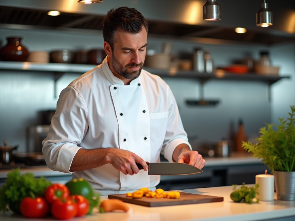 Szef kuchni przygotowujący jedzenie w nowoczesnej kuchni restauracyjnej.