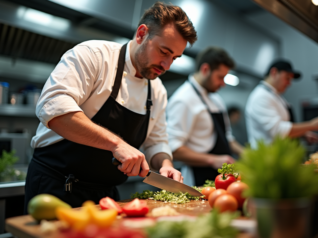 Kucharz sieka zioła na desce w profesjonalnej kuchni restauracyjnej.